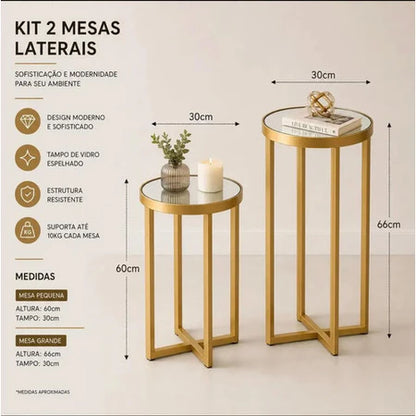 Kit 2 Mesas De Canto Espelhadas Gold