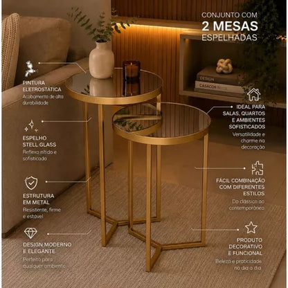 Kit 2 Mesas De Canto Espelhadas Gold