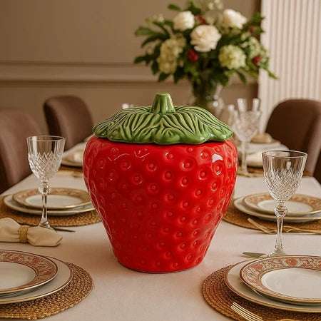 Compoteira de Cerâmica Morango com Tampa – Pote Decorativo para Doces