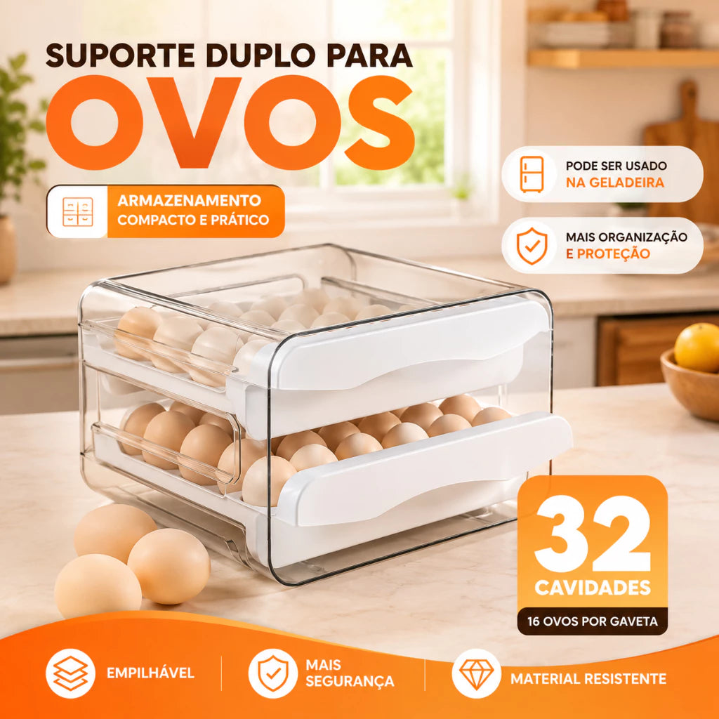 Gaveteiro Organizador de Ovos para Geladeira com 2 Gavetas Deslizantes – Capacidade para 32 Ovos