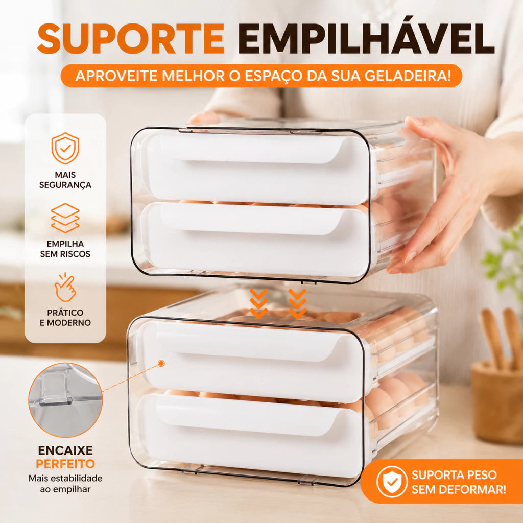 Gaveteiro Organizador de Ovos para Geladeira com 2 Gavetas Deslizantes – Capacidade para 32 Ovos