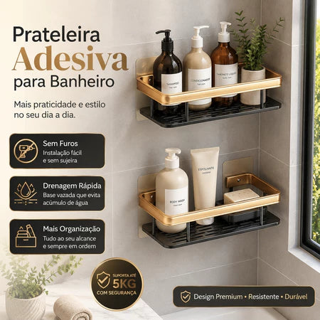 Prateleira Organizadora para Banheiro Sem Furo Preto e Dourado 30cm
