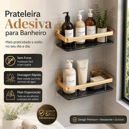 Prateleira Organizadora para Banheiro Sem Furo Preto e Dourado 30cm