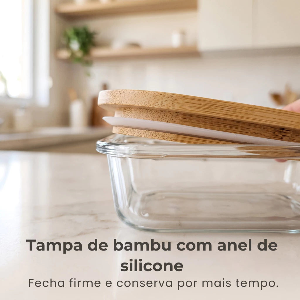 Kit com 3 Potes Herméticos de Vidro com Tampa de Bambu Retangular