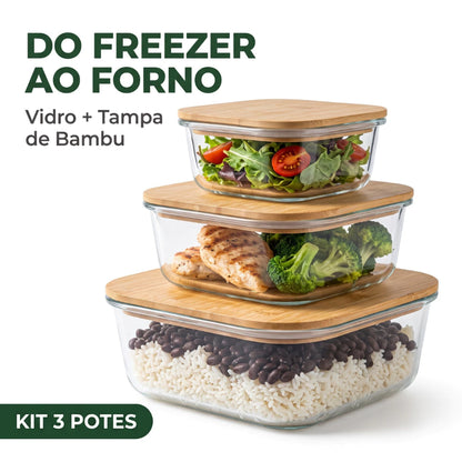 Kit com 3 Potes Herméticos de Vidro com Tampa de Bambu Retangular
