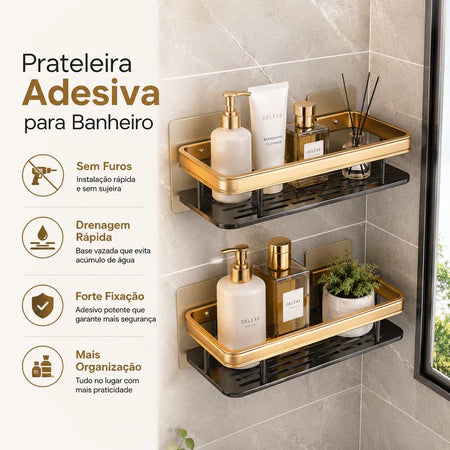 Prateleira Organizadora para Banheiro Sem Furo Preto e Dourado 30cm