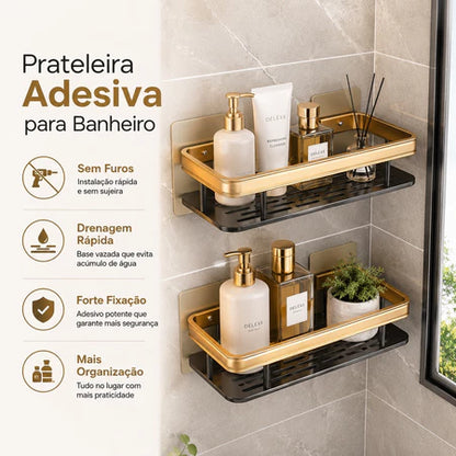 Prateleira Organizadora para Banheiro Sem Furo Preto e Dourado 30cm