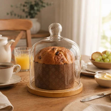 Porta Panetone De Vidro Com Base Em Bambu