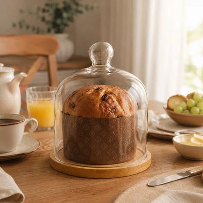 Porta Panetone De Vidro Com Base Em Bambu
