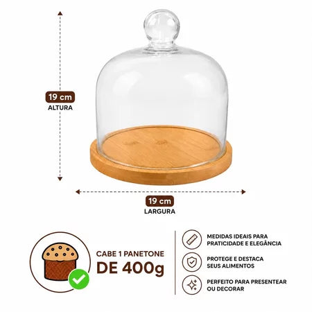 Porta Panetone De Vidro Com Base Em Bambu