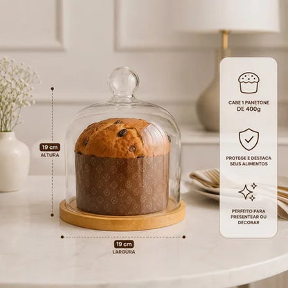 Porta Panetone De Vidro Com Base Em Bambu