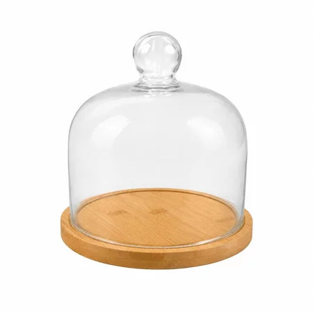 Porta Panetone De Vidro Com Base Em Bambu