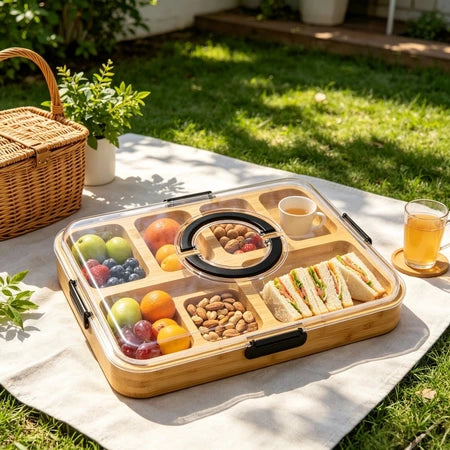 Bandeja de Bambu com Tampa Acrílica para Frios e Petiscos