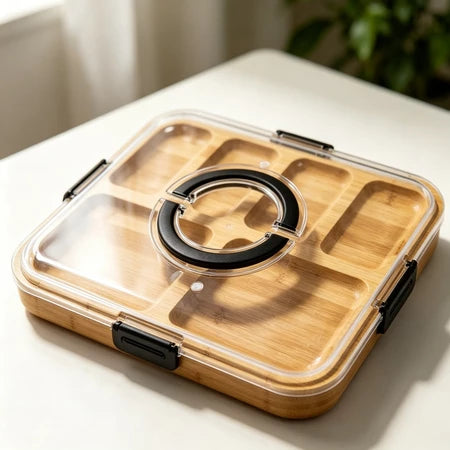 Bandeja de Bambu com Tampa Acrílica para Frios e Petiscos