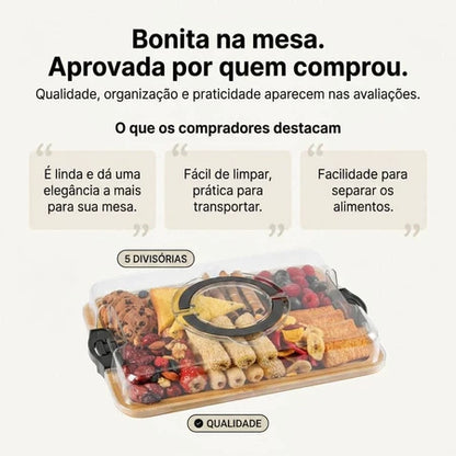 Bandeja de Bambu com Tampa Acrílica para Frios e Petiscos