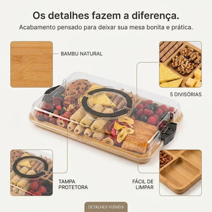Bandeja de Bambu com Tampa Acrílica para Frios e Petiscos