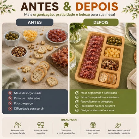 Bandeja de Bambu com Tampa Acrílica para Frios e Petiscos