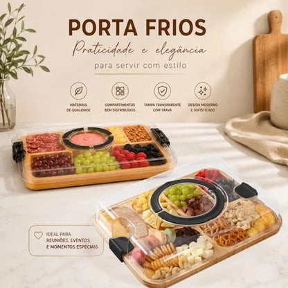 Bandeja de Bambu com Tampa Acrílica para Frios e Petiscos