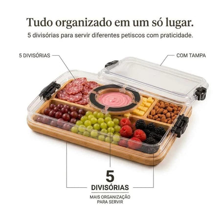 Bandeja de Bambu com Tampa Acrílica para Frios e Petiscos