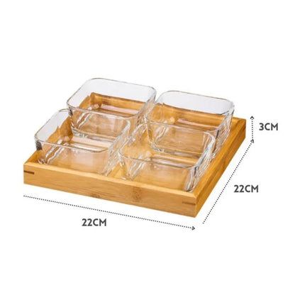 Kit Petisqueira Premium em Bambu com 4 Bowls de Vidro 290ml – Bandeja Elegante para Petiscos, Molhos e Sobremesas
