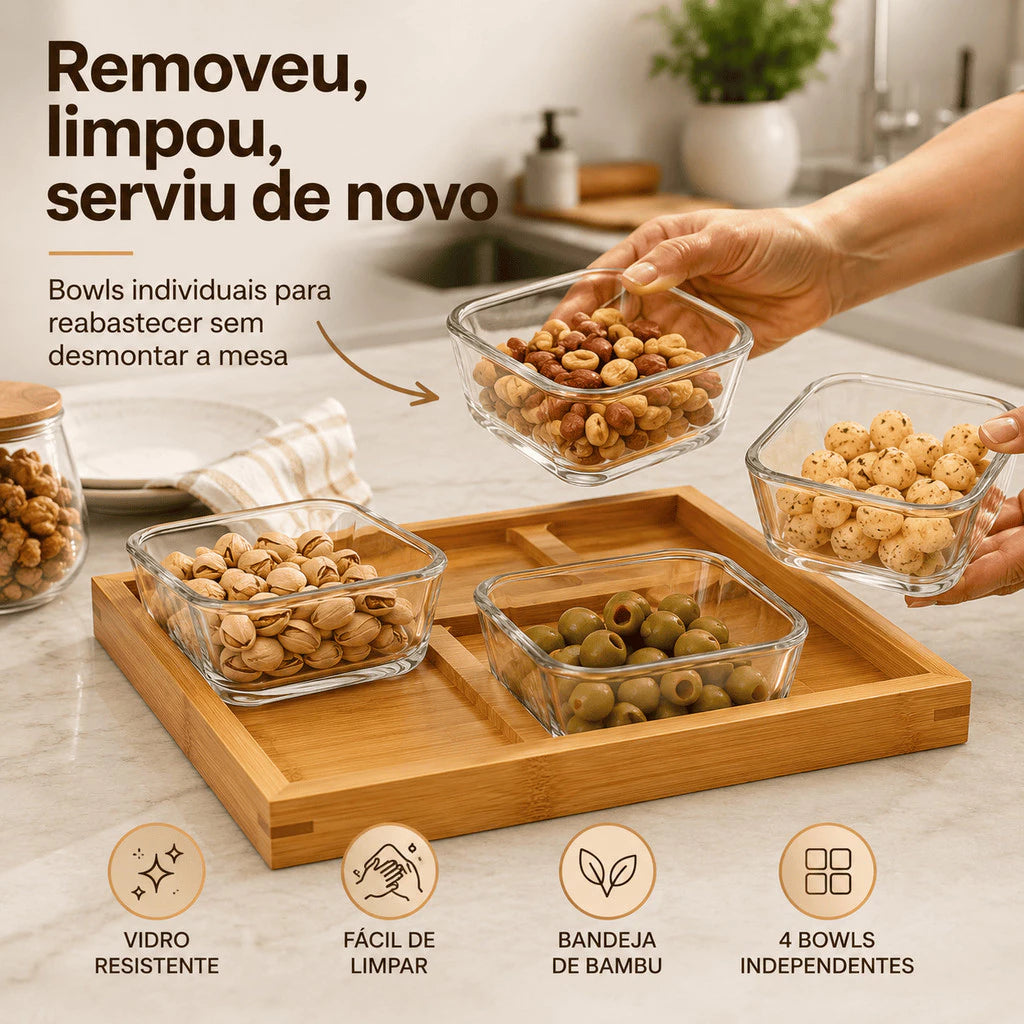 Kit Petisqueira Premium em Bambu com 4 Bowls de Vidro 290ml – Bandeja Elegante para Petiscos, Molhos e Sobremesas