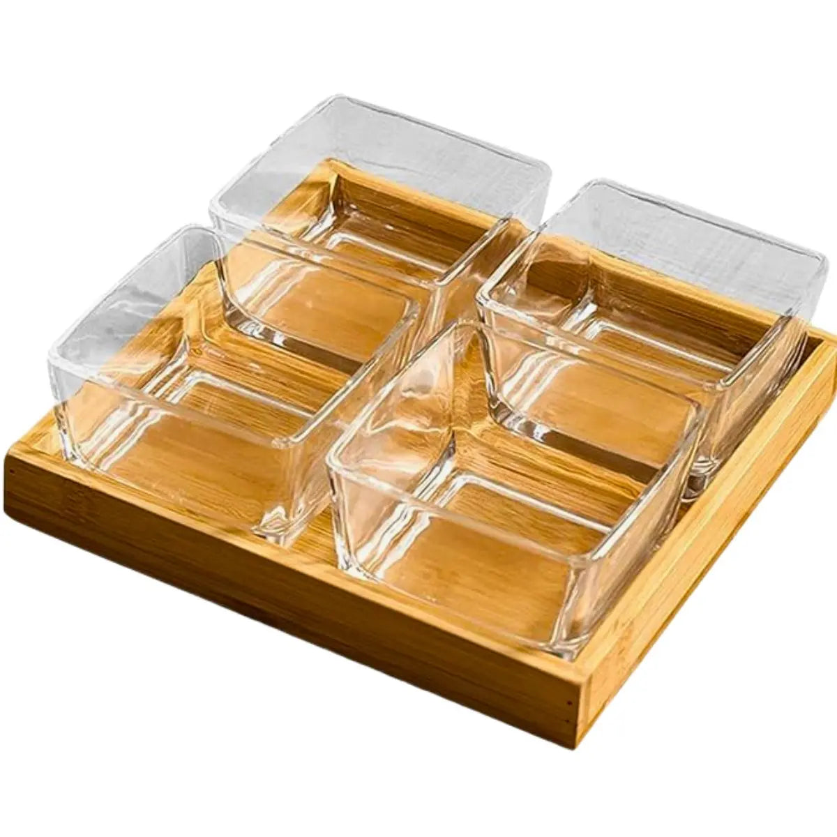 Kit Petisqueira Premium em Bambu com 4 Bowls de Vidro 290ml – Bandeja Elegante para Petiscos, Molhos e Sobremesas