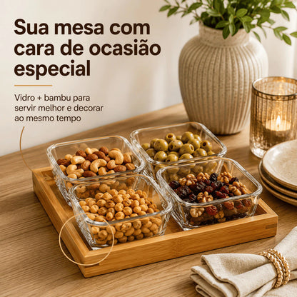 Kit Petisqueira Premium em Bambu com 4 Bowls de Vidro 290ml – Bandeja Elegante para Petiscos, Molhos e Sobremesas