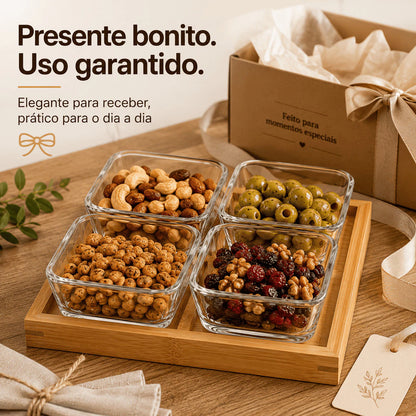 Kit Petisqueira Premium em Bambu com 4 Bowls de Vidro 290ml – Bandeja Elegante para Petiscos, Molhos e Sobremesas