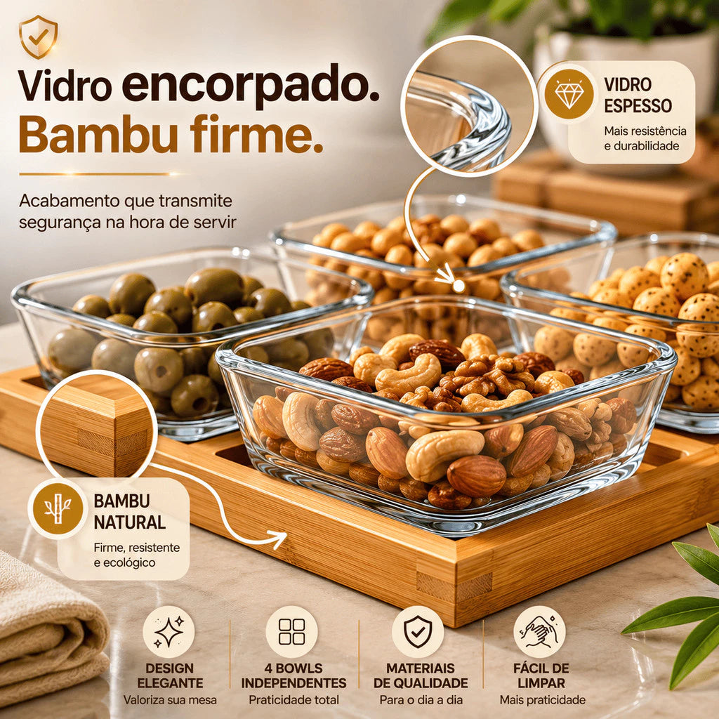Kit Petisqueira Premium em Bambu com 4 Bowls de Vidro 290ml – Bandeja Elegante para Petiscos, Molhos e Sobremesas