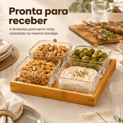 Kit Petisqueira Premium em Bambu com 4 Bowls de Vidro 290ml – Bandeja Elegante para Petiscos, Molhos e Sobremesas