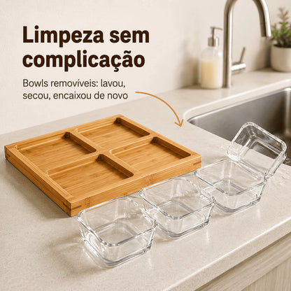 Kit Petisqueira Premium em Bambu com 4 Bowls de Vidro 290ml – Bandeja Elegante para Petiscos, Molhos e Sobremesas