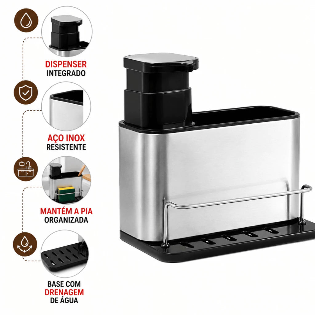 Dispenser de Detergente para Pia com Organizador – Multifuncional
