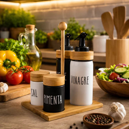 Kit Porta Temperos Premium 5 Peças com Suporte de Bambu – Elegância e Organização para sua Cozinha