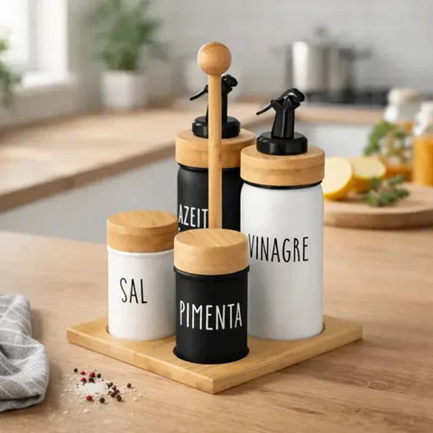 Kit Porta Temperos Premium 5 Peças com Suporte de Bambu – Elegância e Organização para sua Cozinha