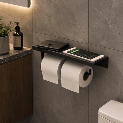 Porta Papel Higiênico Duplo com Apoio – Preto Fosco