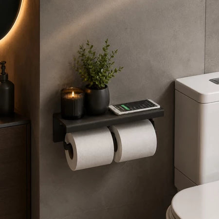 Porta Papel Higiênico Duplo com Apoio – Preto Fosco