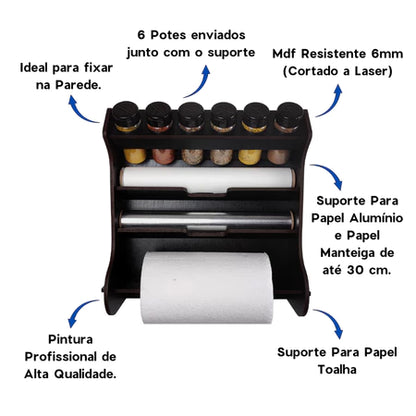 Organizador de Parede para Cozinha Porta Temperos e Papéis com 6 Potes