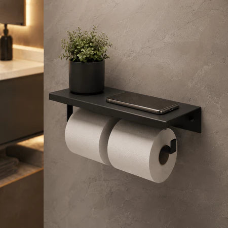 Porta Papel Higiênico Duplo com Apoio – Preto Fosco