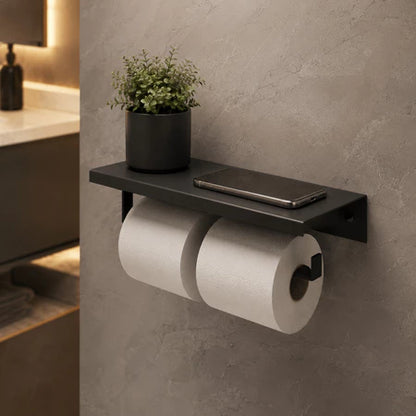 Porta Papel Higiênico Duplo com Apoio – Preto Fosco