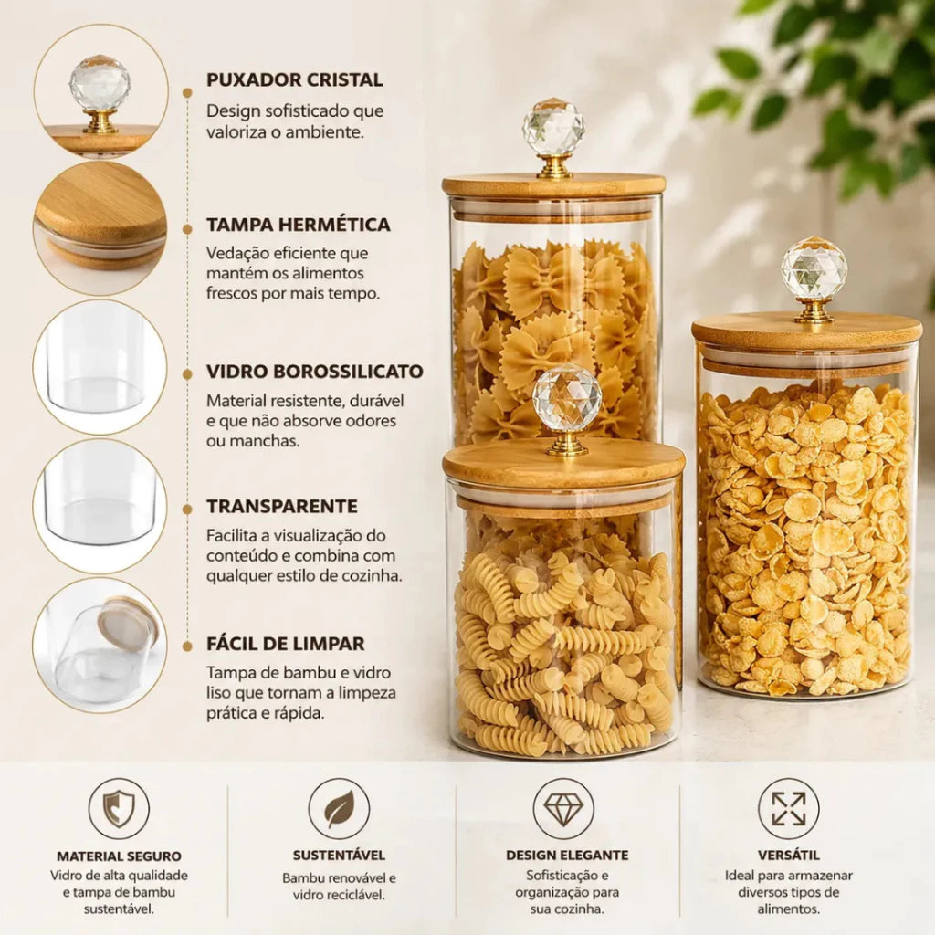 3 Potes Herméticos de Vidro com Tampa de Bambu