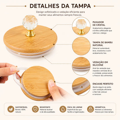 3 Potes Herméticos de Vidro com Tampa de Bambu