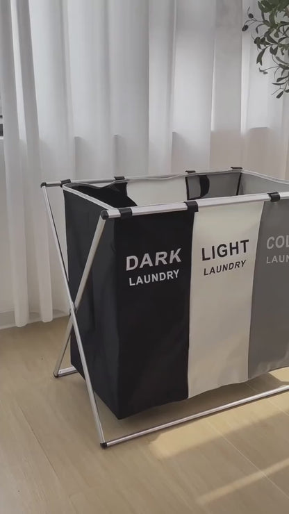 Cesto Organizador de Roupas Dobrável Triplo Premium – 3 Divisórias para Separação Inteligente | Estrutura Reforçada