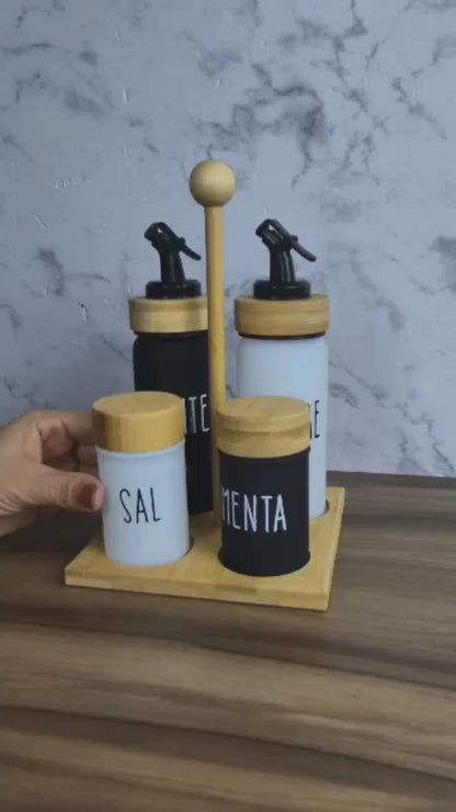 Conjunto De Galheteiro De Vidro E Bambu
