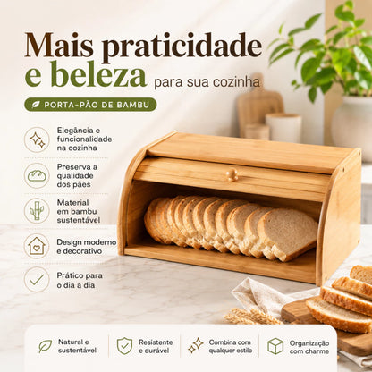 Porta Pão em Bambu com Tampa Deslizante – Organizador para Pães, Bolos e Alimentos