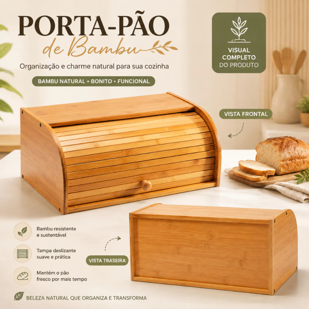 Porta Pão em Bambu com Tampa Deslizante – Organizador para Pães, Bolos e Alimentos