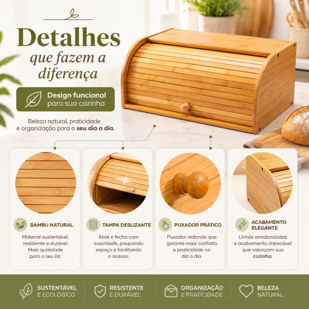 Porta Pão em Bambu com Tampa Deslizante – Organizador para Pães, Bolos e Alimentos