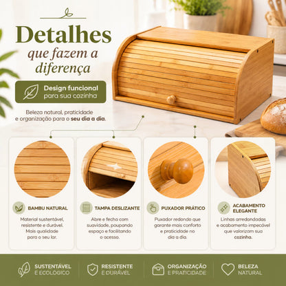 Porta Pão em Bambu com Tampa Deslizante – Organizador para Pães, Bolos e Alimentos