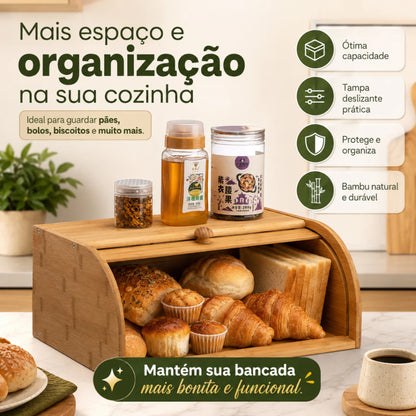 Porta Pão em Bambu com Tampa Deslizante – Organizador para Pães, Bolos e Alimentos