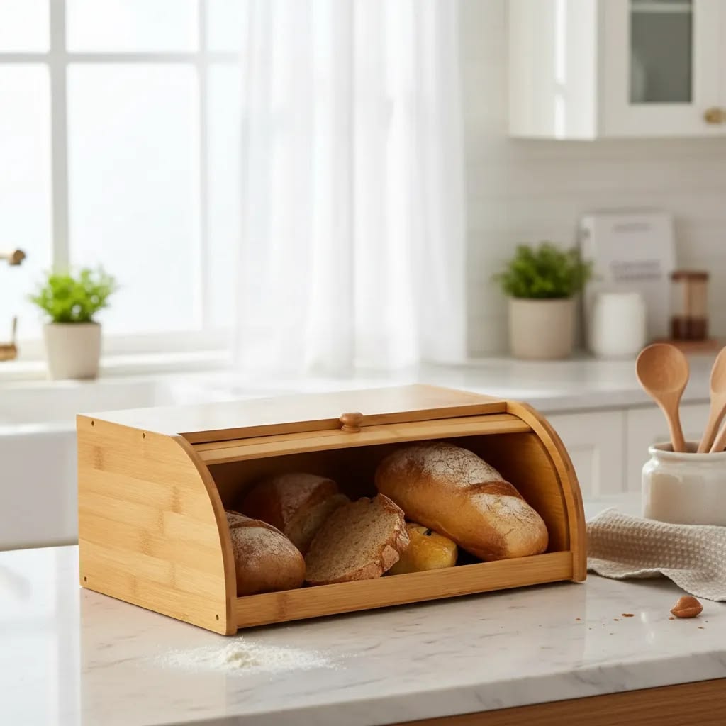 Porta Pão em Bambu com Tampa Deslizante – Organizador para Pães, Bolos e Alimentos