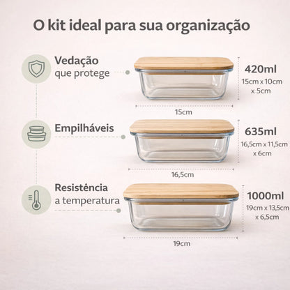 Kit Potes Herméticos de Vidro com Tampa de Bambu – Conservação, Organização e Elegância para sua Cozinha